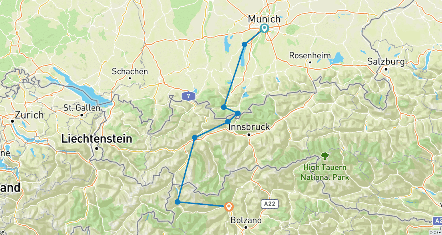 خريطة مسار Munich – Merano
