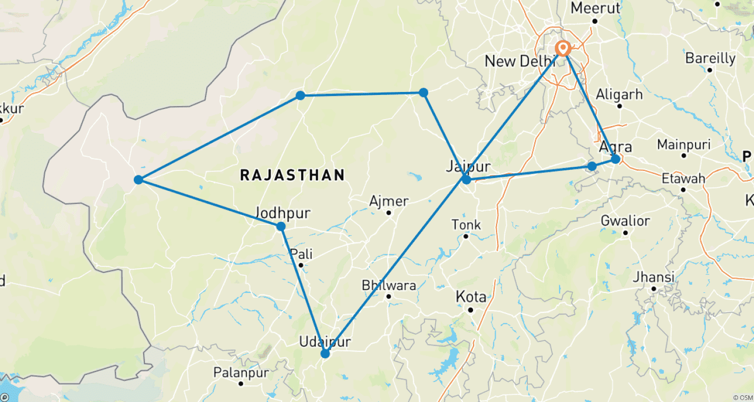 Mapa do percurso de Excursão ao Rajasthan - Uma experiência incrível da cultura e história real indiana