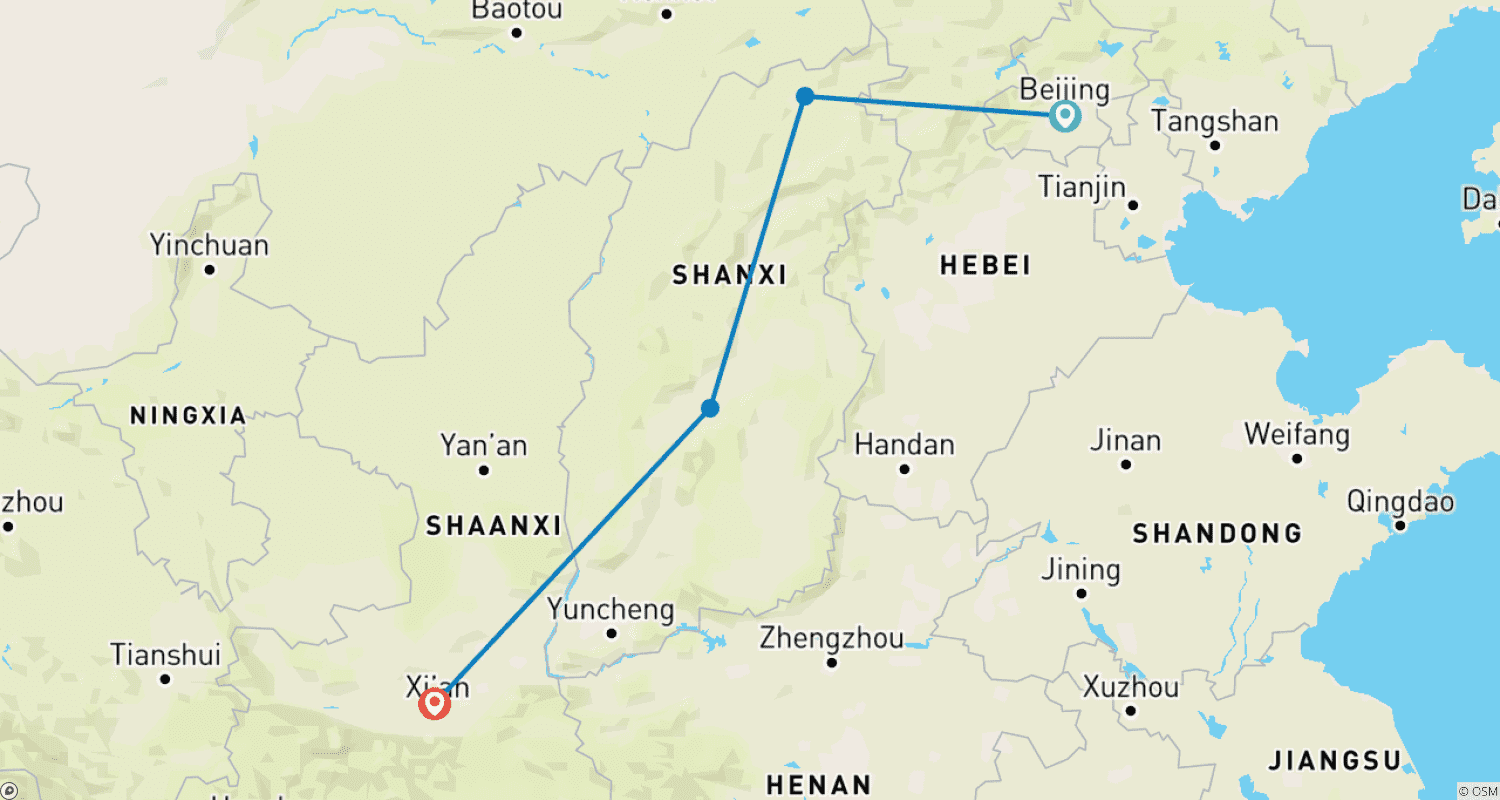 Mapa do percurso de De Pequim a Datong, Mosteiro Suspenso, Pingyao e Xian de Trem-bala