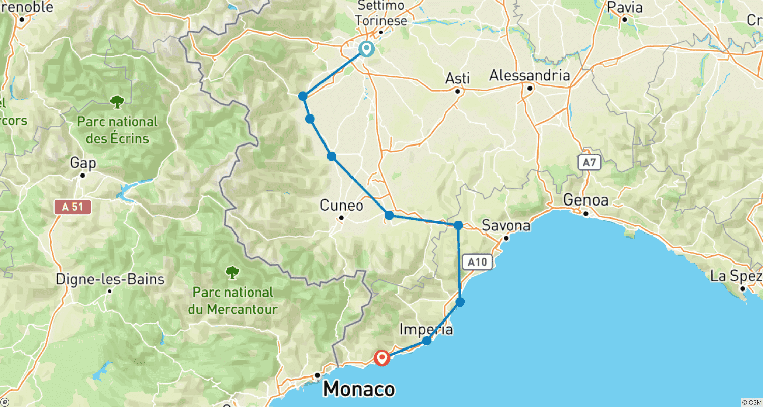 خريطة مسار Turin – Sanremo: Ranging from an Alpine Panorama to the Riviera of the Flowers.