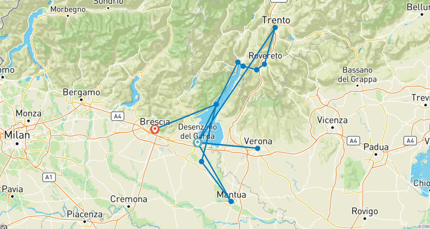 Mapa do percurso de Lago de Garda - baseado num hotel em Trento, Verona, Mântua e Bréscia