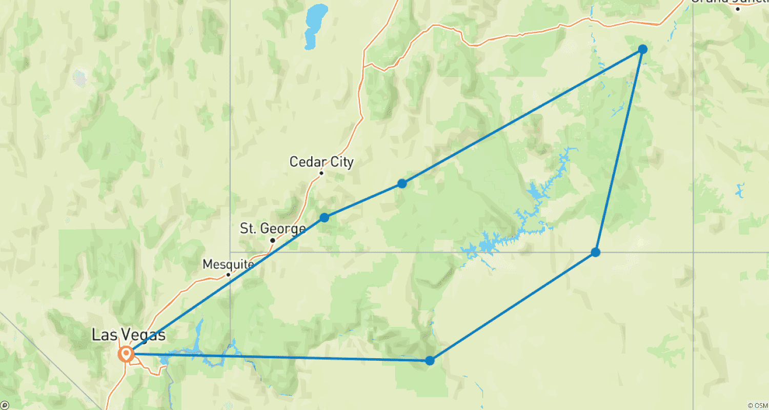 Mapa do percurso de EUA – 8 Dias Arches Canyonlands Antelope Zion Bryce Grand Canyon