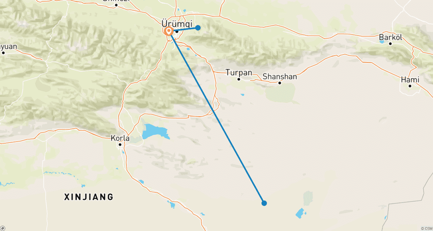Mapa trasy: Jezioro Niebiańskie i kulturalna wycieczka po Turpanie z Urumqi – 5 dni