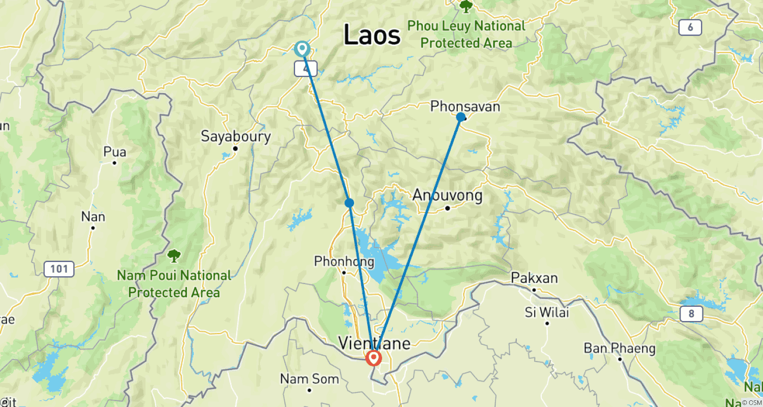 Mapa do percurso de Melhor Viagem Familiar Privada de 9 Dias ao Laos, Personalizada, Partidas Diárias e Sem Grupo