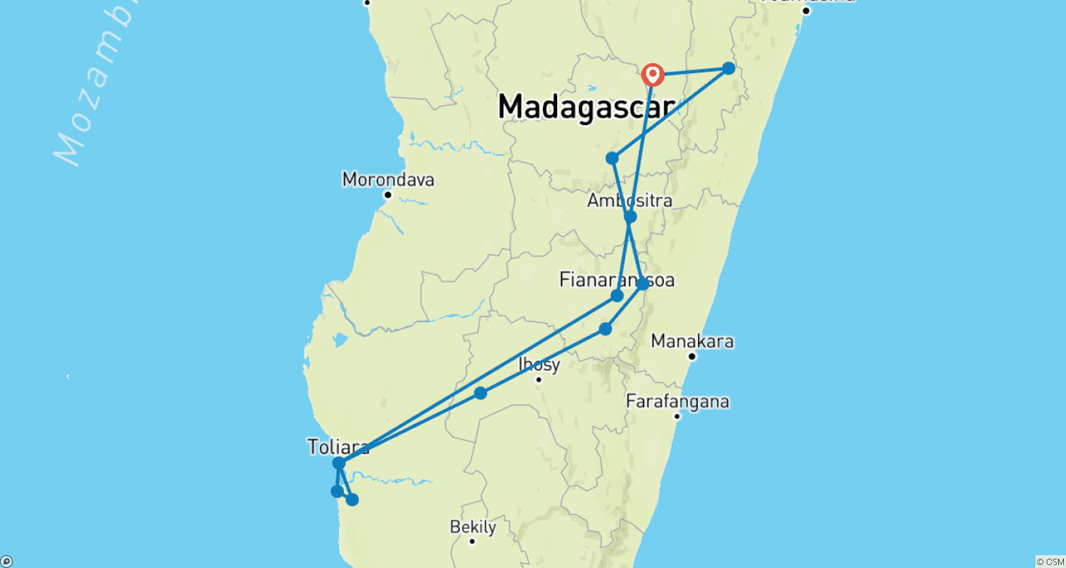 Mapa do percurso de Viagem única pela costa Leste e o Sul de Madagascar