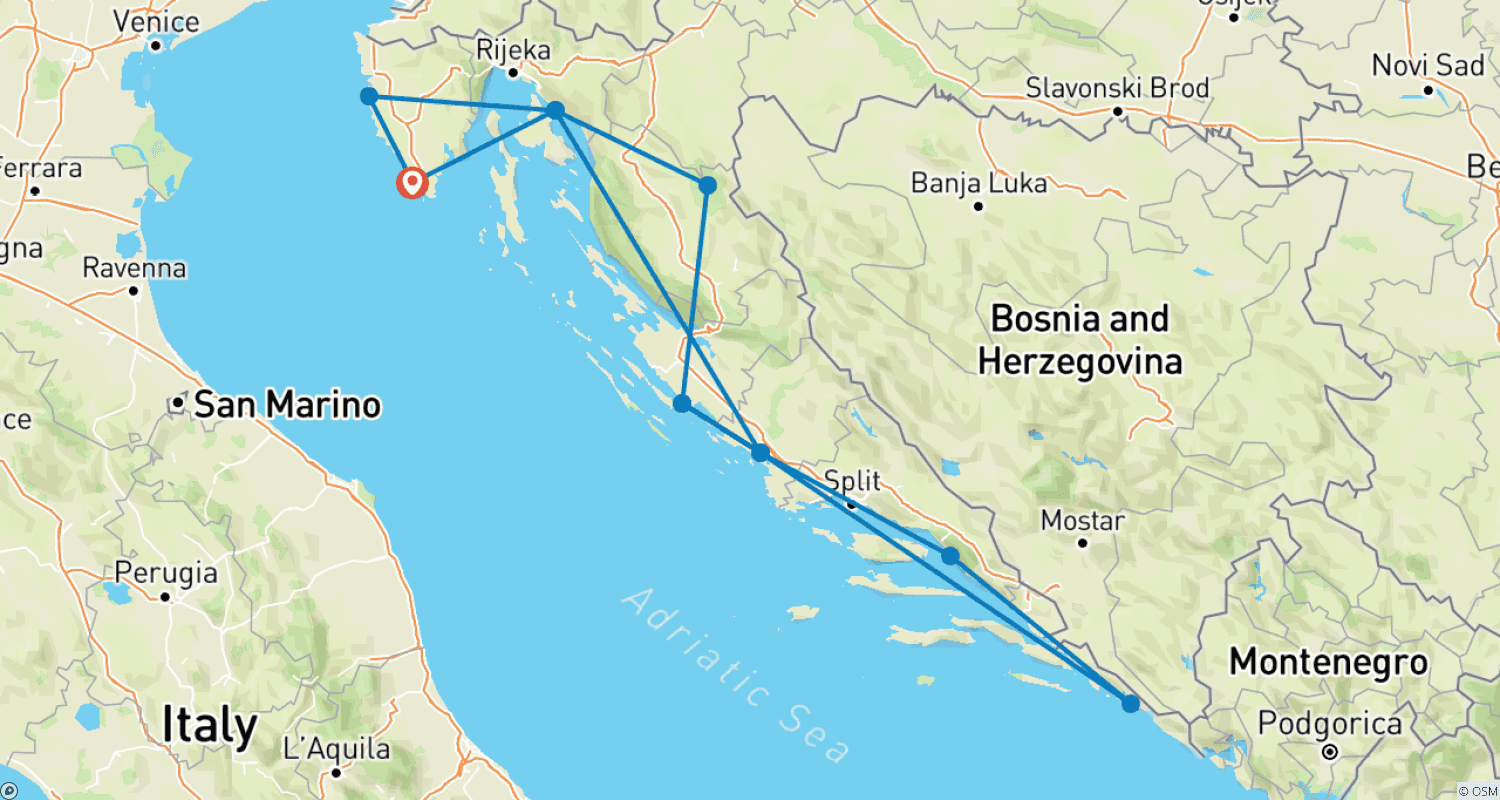 Mapa trasy: Wspaniała wycieczka po Chorwacji 15 dni, samochodem na własną rękę
