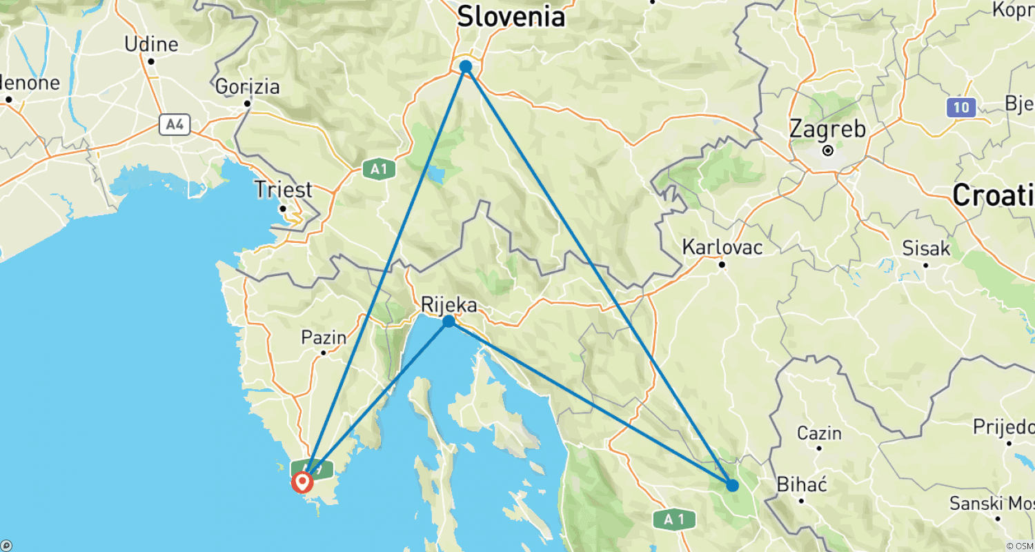 خريطة مسار رحلات خضراء في Istria وسلوفينيا 8 أيام، قيادة ذاتية