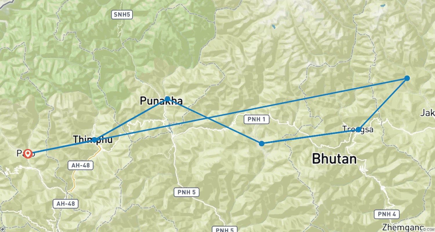 Mapa trasy: 10 Days Customized Western & Central Bhutan Tour, Daily Depart (Private)