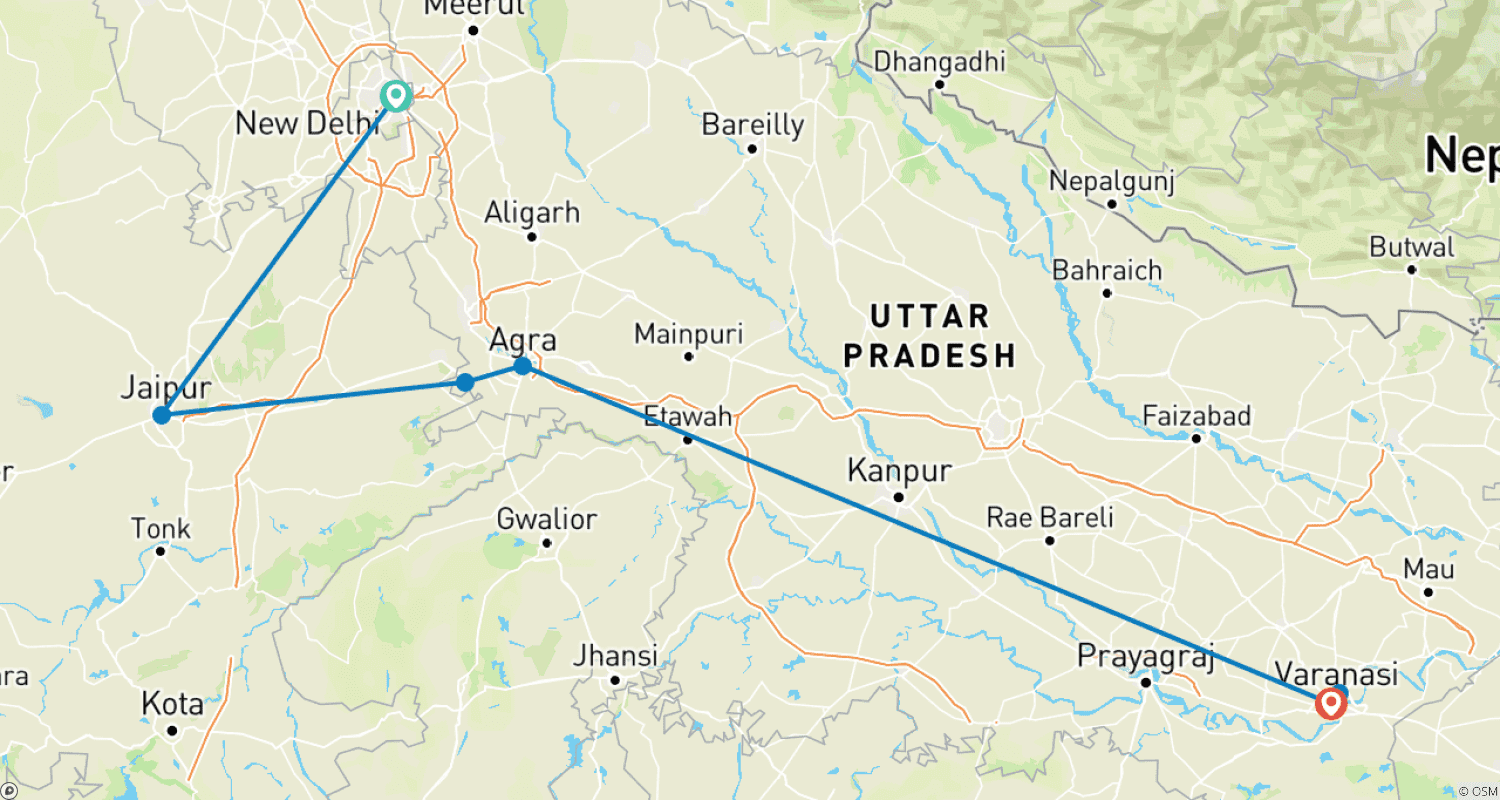 Mapa do percurso de Excursão Triângulo Dourado com Varanasi
