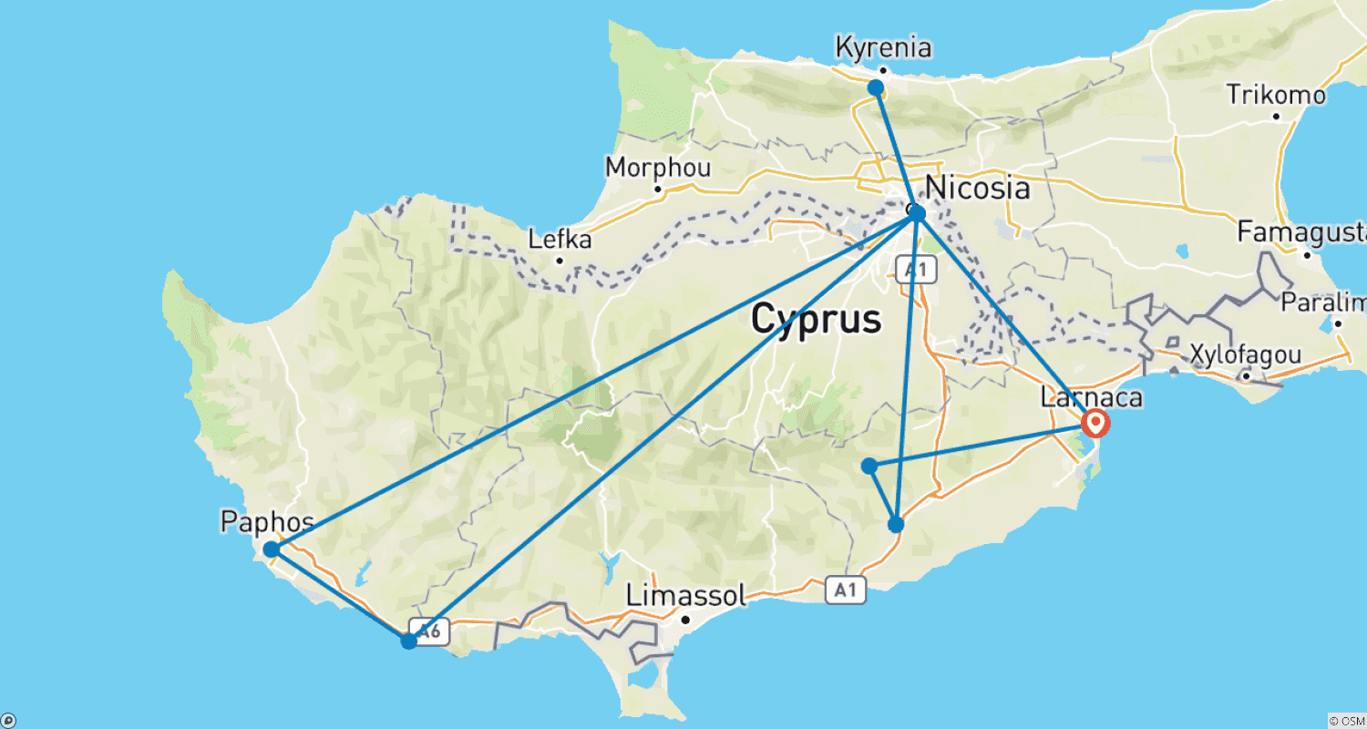 Mapa do percurso de Excursão Privada Personalizada de 6 Dias em Chipre, Partida Diária (Guia e Motorista Privados)