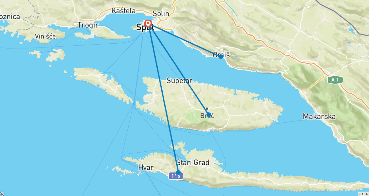 Mapa do percurso de Excursão Multi-Aventura pela Costa Croata