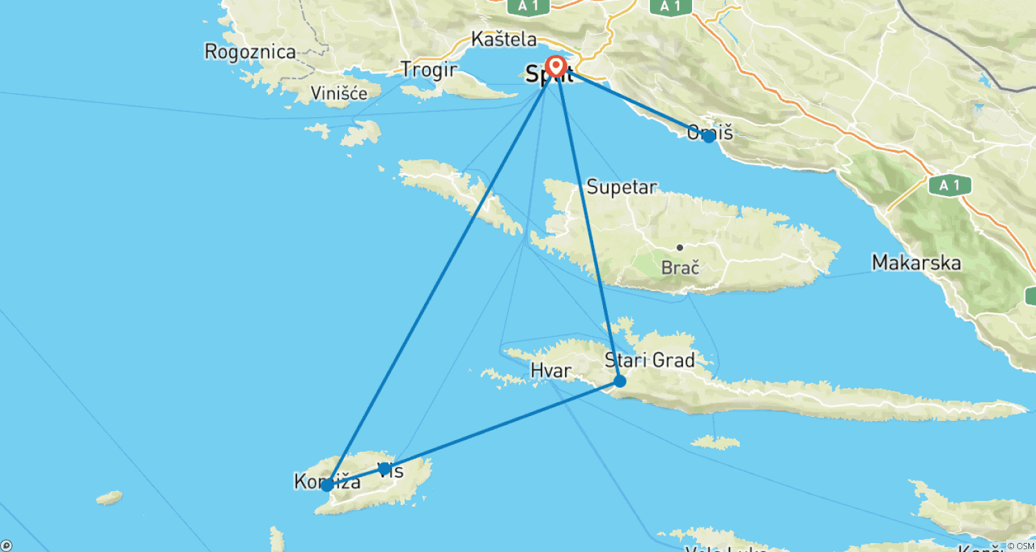Mapa trasy: Wieloprzygodowa wycieczka po Wyspach Dalmatyńskich