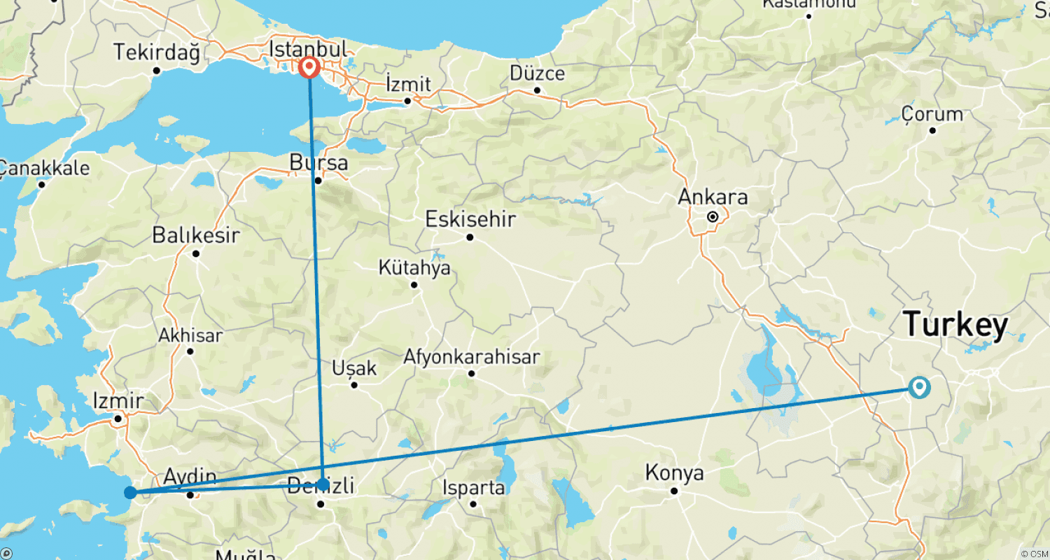Mapa do percurso de Tour Privado de 4 Dias: Capadócia, Éfeso e Pamukkale