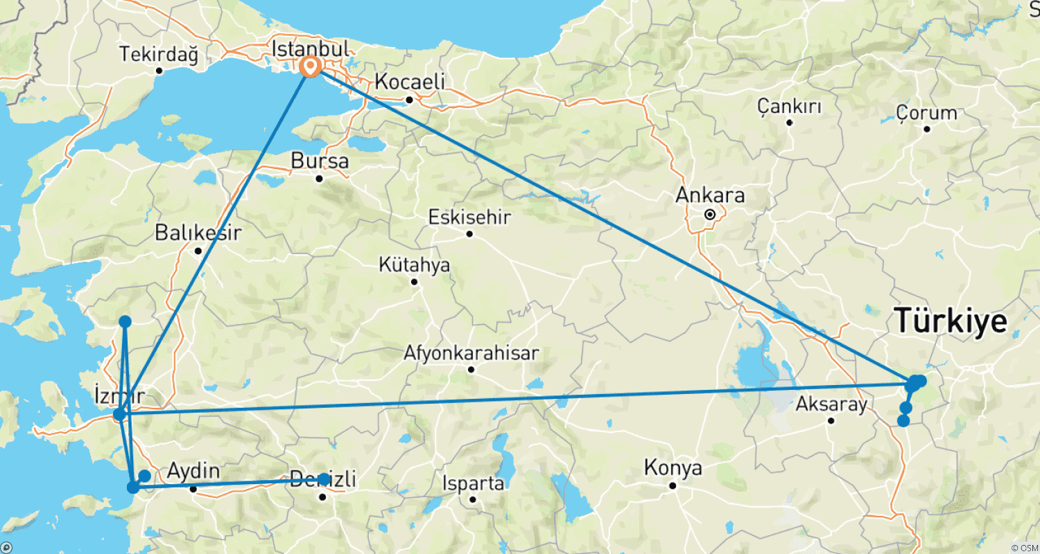 Mapa trasy: 10-dniowa prywatna wycieczka po Turcji