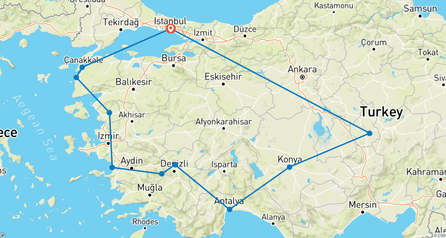 Mapa trasy: 12-dniowa prywatna wycieczka po Turcji