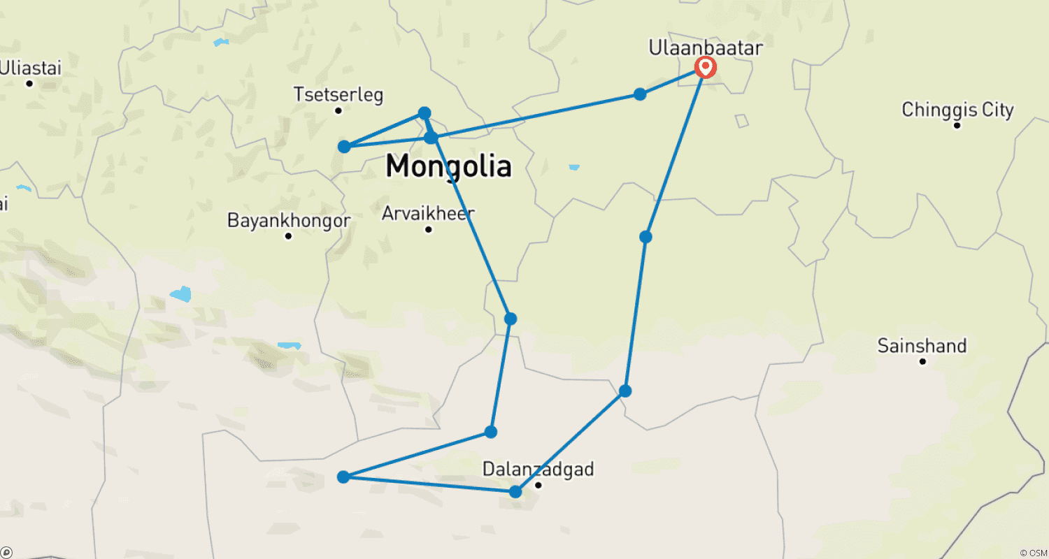 Mapa trasy: Szyta na miarę 13-dniowa najlepsza wycieczka po Mongolii, prywatny przewodnik i kierowca