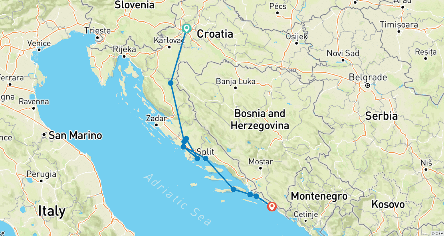 Mapa trasy: Najlepsze z Chorwacji - Fly & Drive, Parki Narodowe, kultura i wyspy Dalmacji