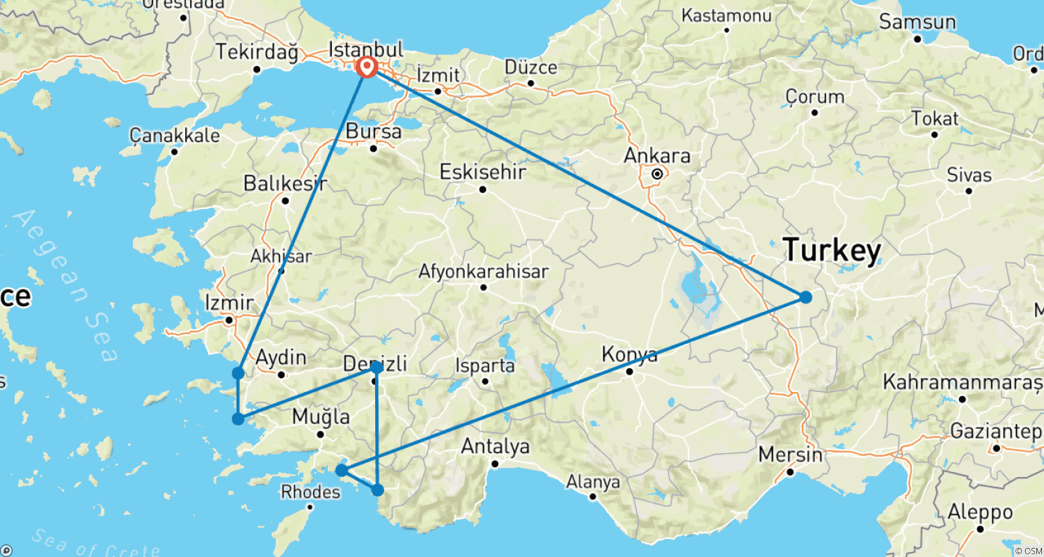 Mapa do percurso de 13 Days Turkey Private Tour