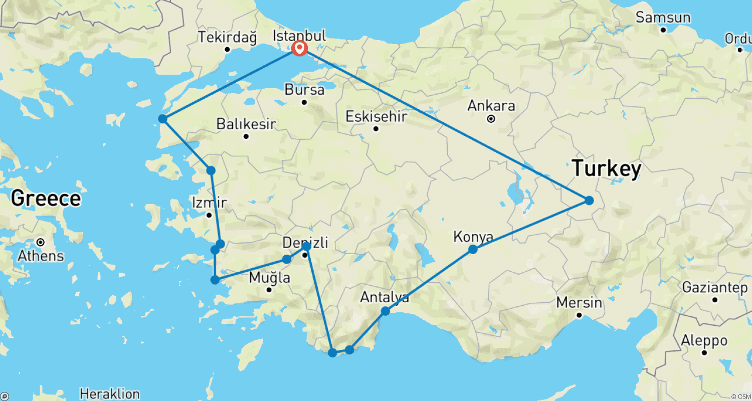 خريطة مسار Turkey 2 Week Itinerary with Turquoise Coast