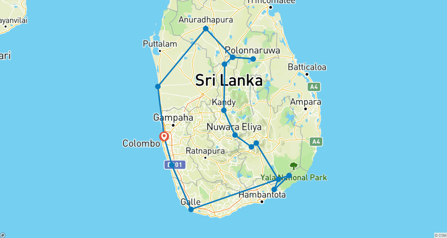 Mapa do percurso de Destaques do Sri Lanka