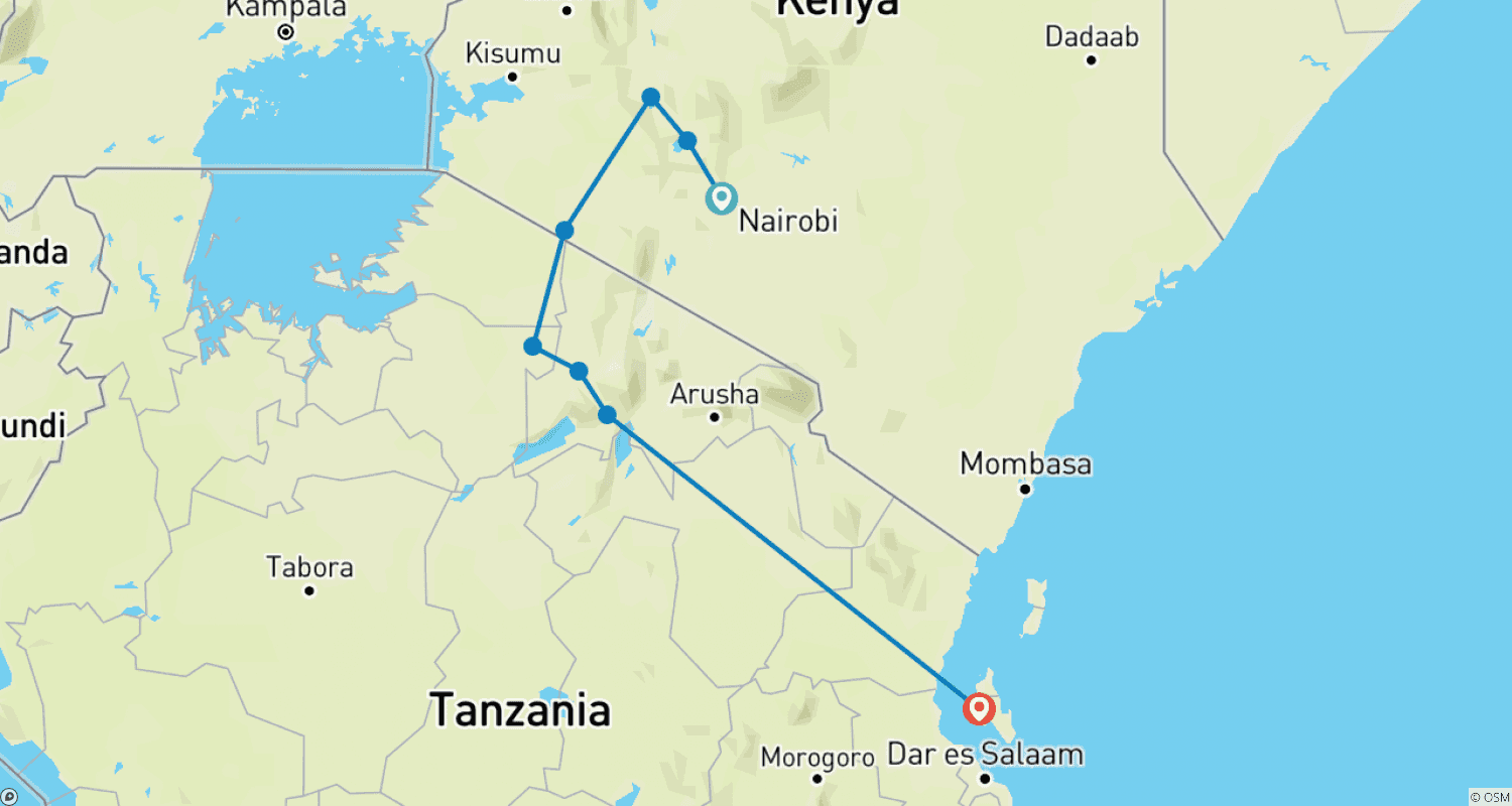 خريطة مسار Tanzania & Kenya: Highlights with Zanzibar