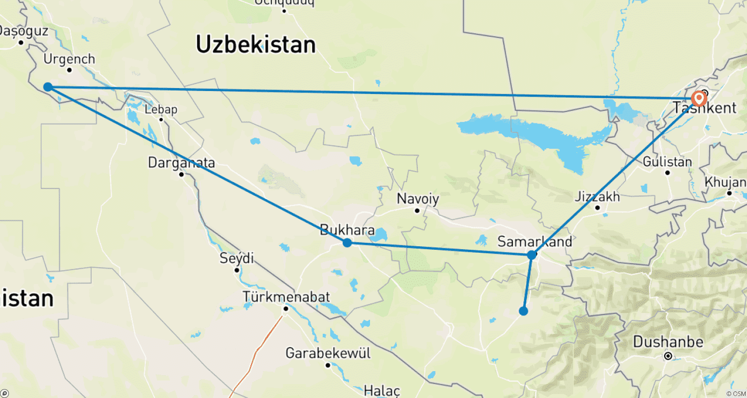 Mapa do percurso de Destaques do Uzbequistão
