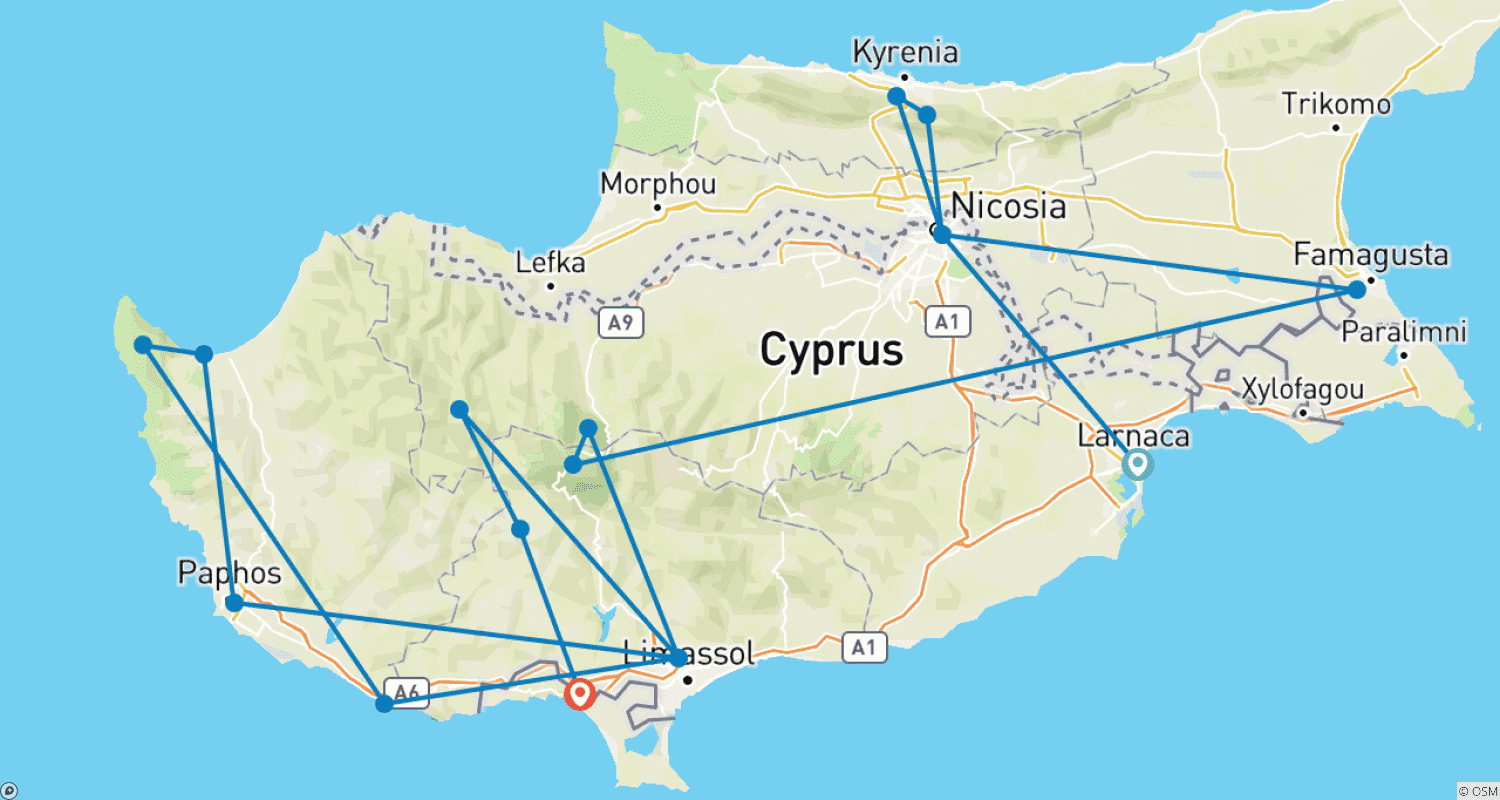 Mapa trasy: Najważniejsze atrakcje Cypru