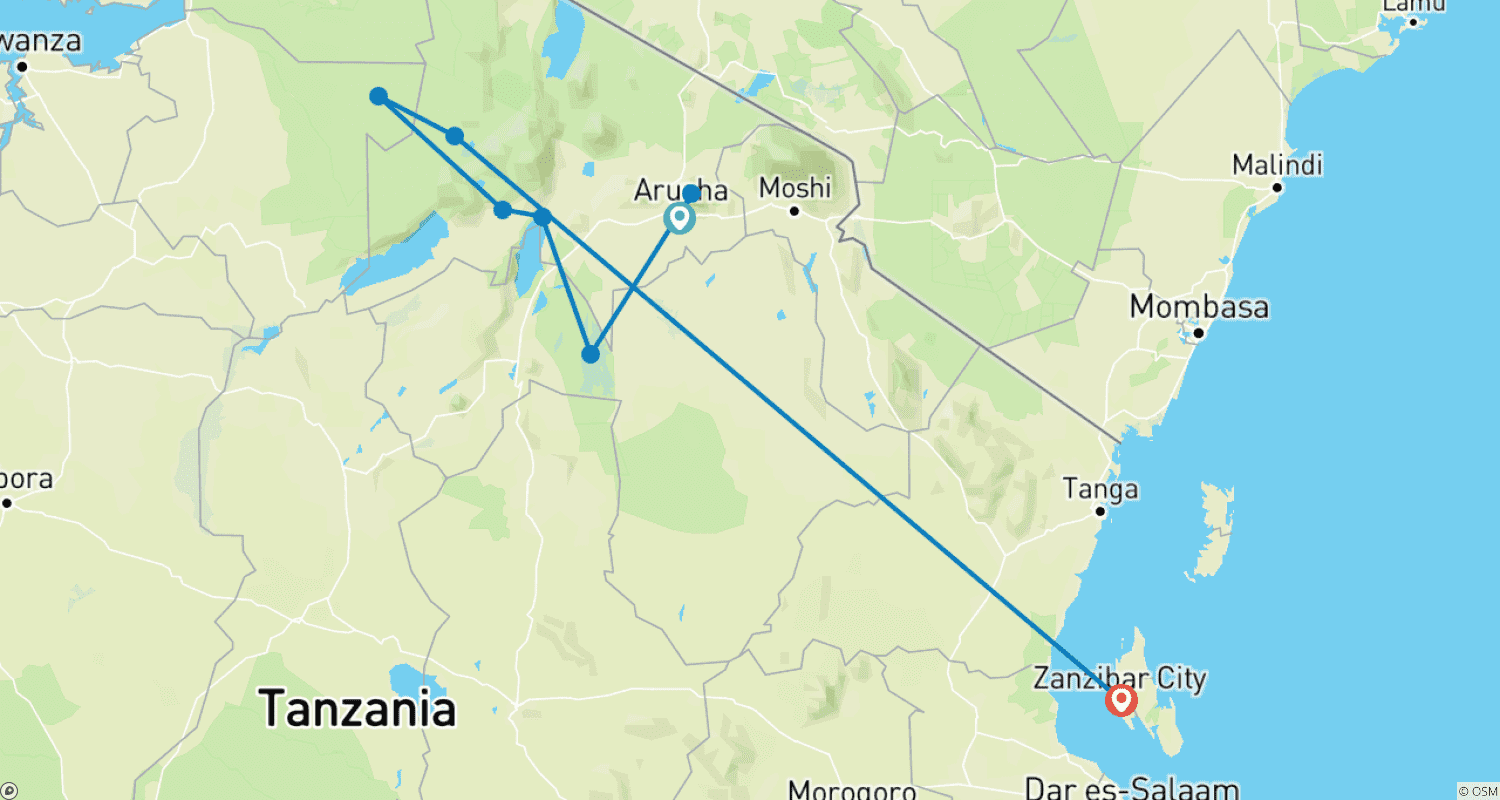 Mapa trasy: Najważniejsze atrakcje Tanzanii i Zanzibaru