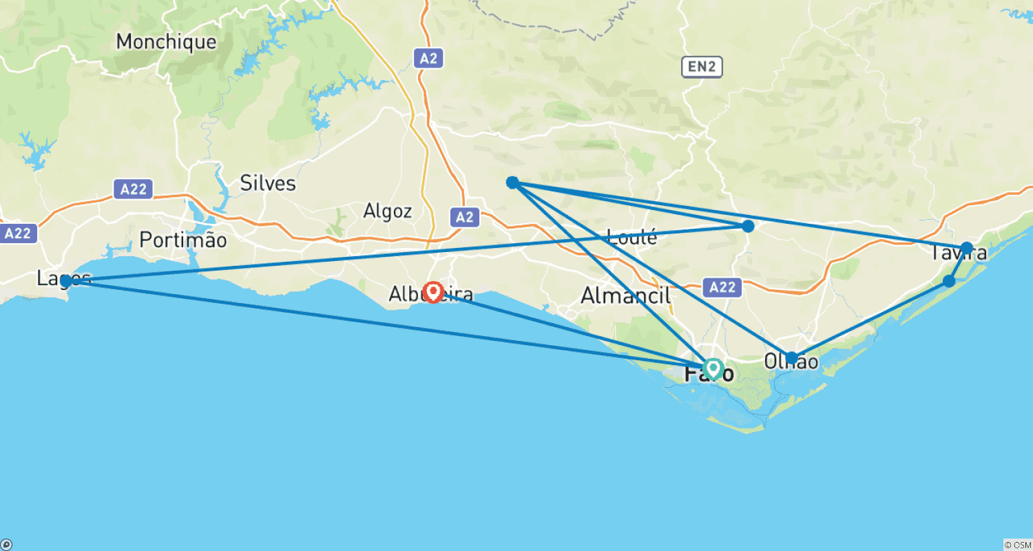 Mapa do percurso de Destaques do Algarve (de Faro a Albufeira)