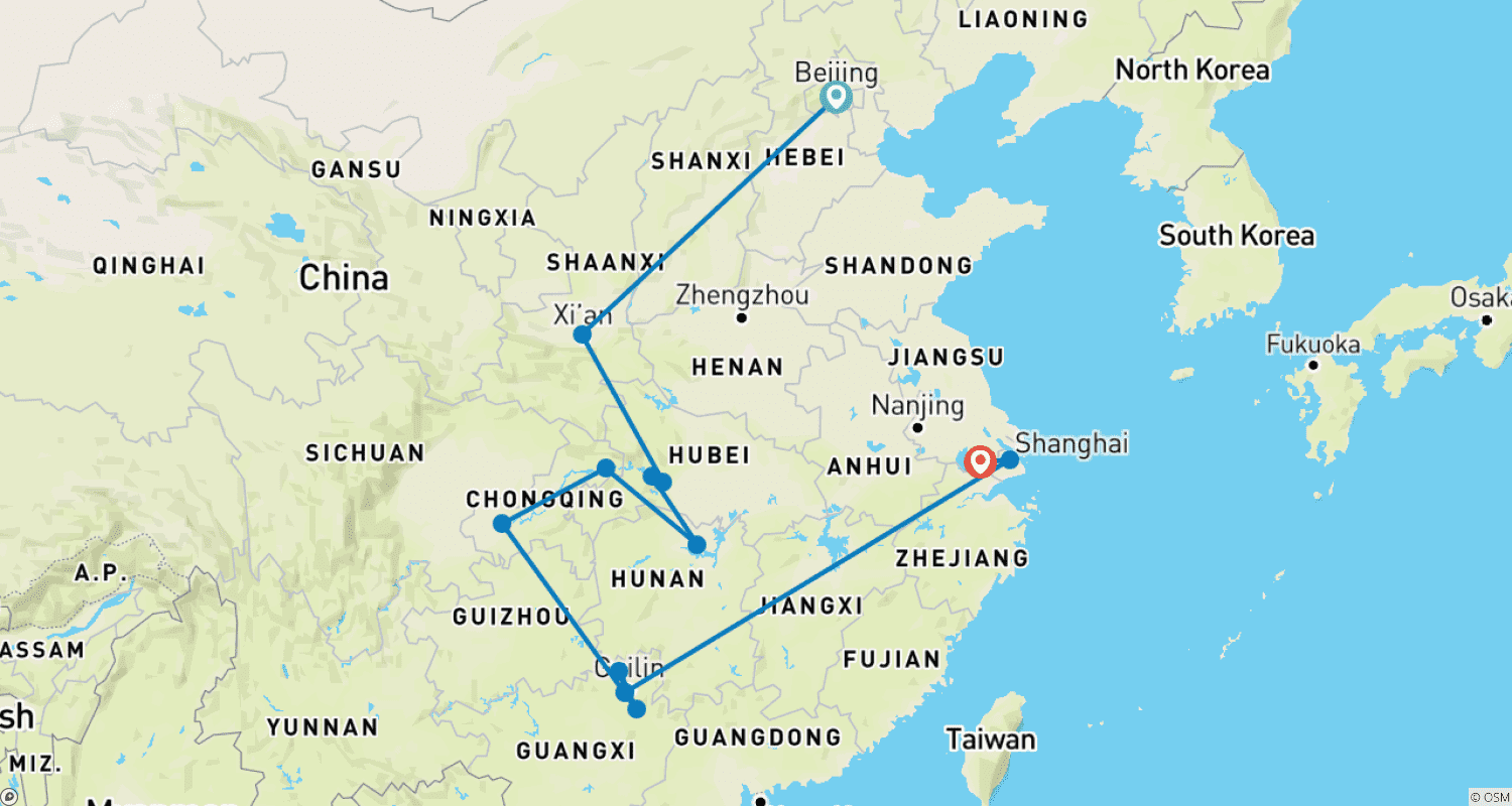 خريطة مسار China Highlights (with Yangtze Cruise)
