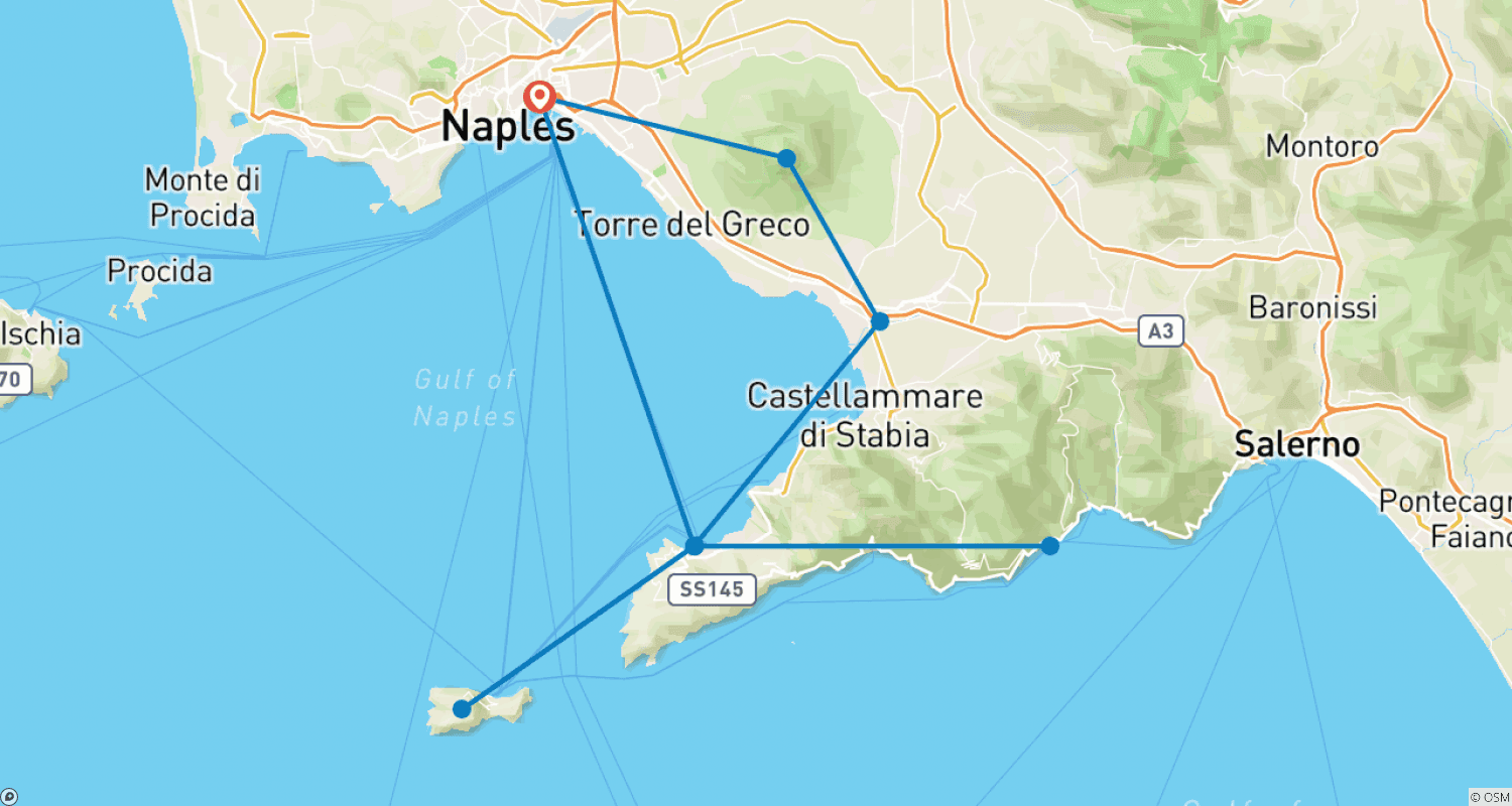 Mapa trasy: Neapol i najważniejsze atrakcje Zatoki Neapolitańskiej