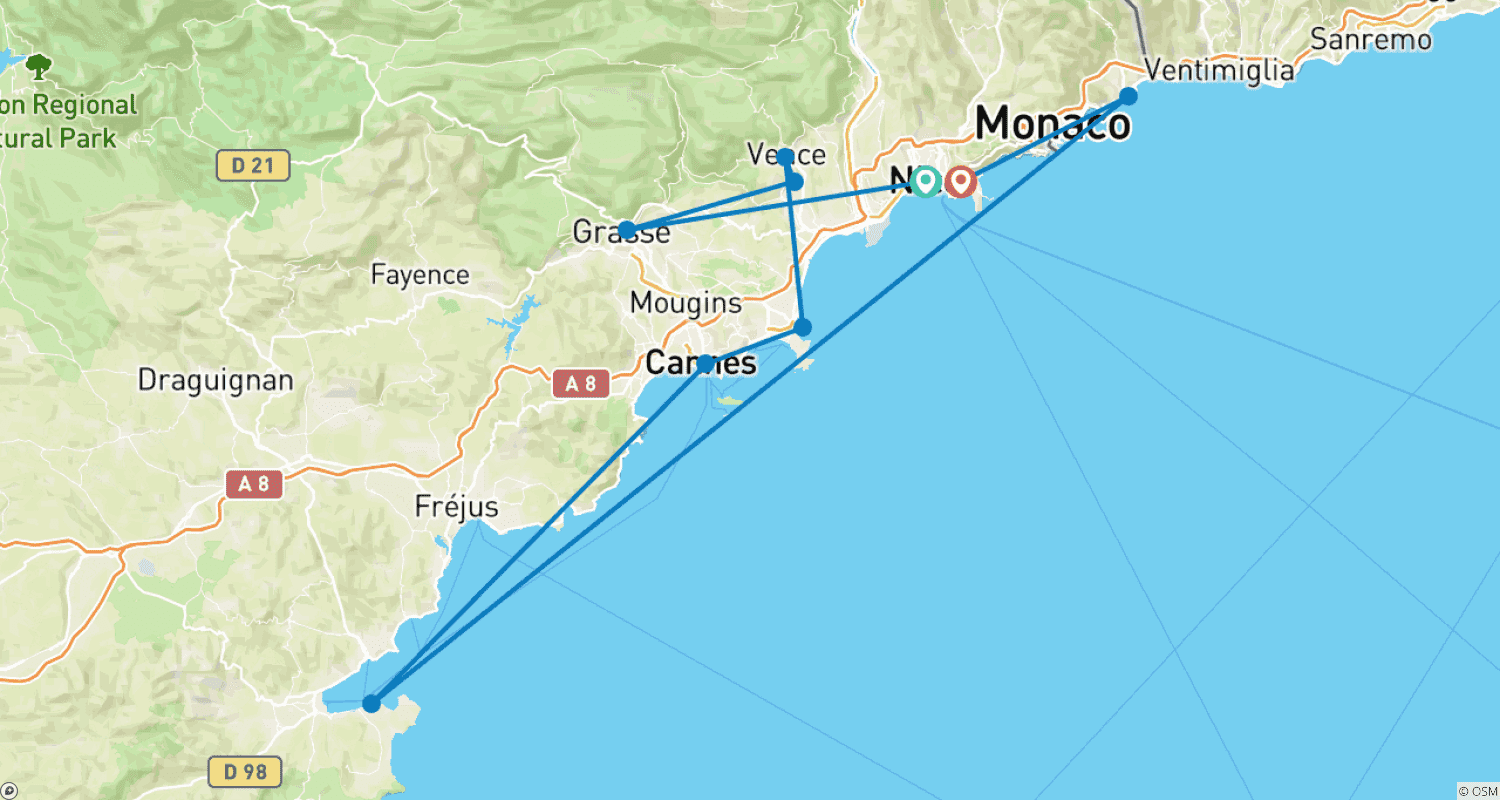 Mapa do percurso de Côte d'Azur: Culture & Relaxation