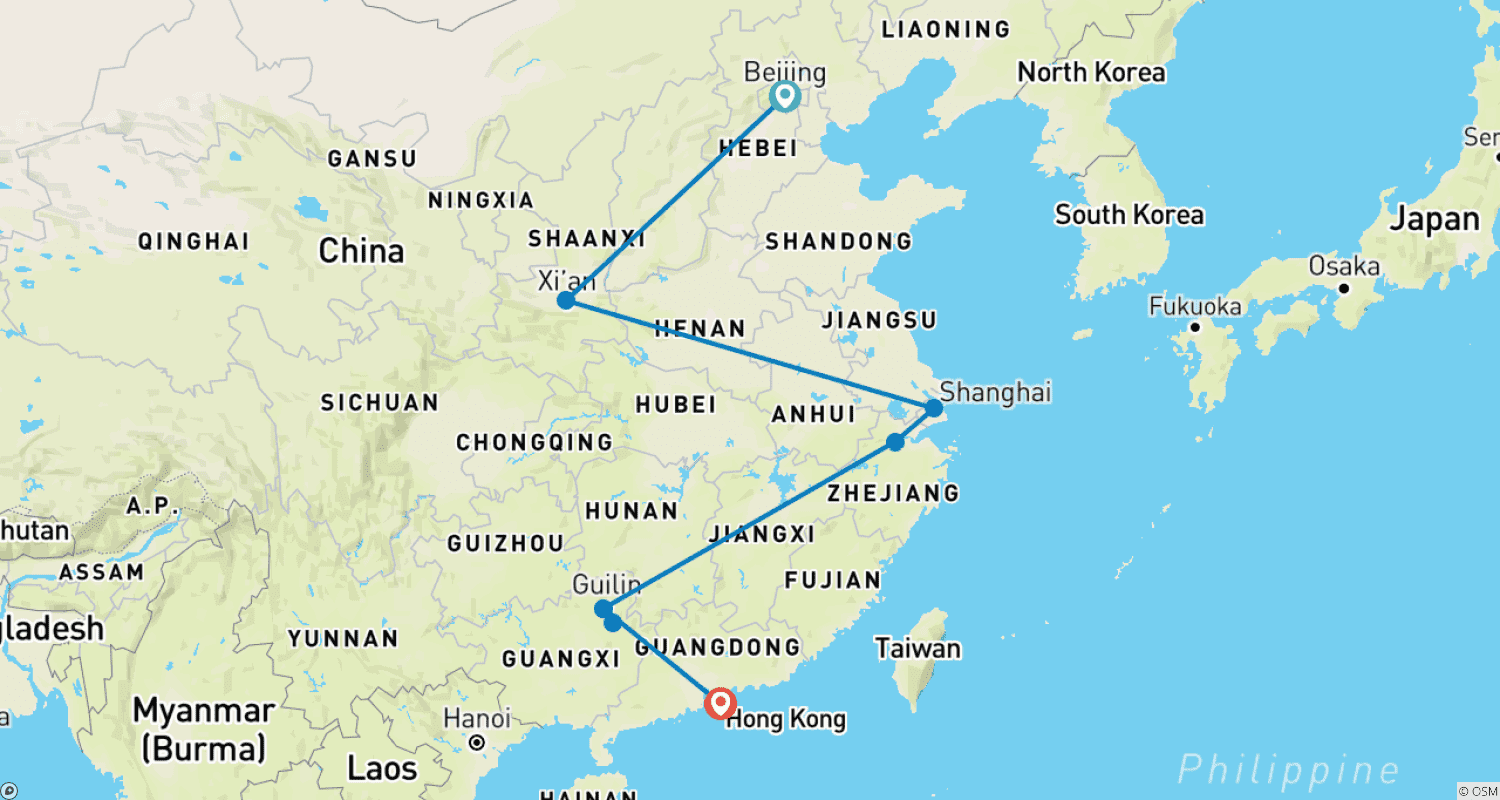 中国ハイライト(北京から香港へ)のルートマップ
