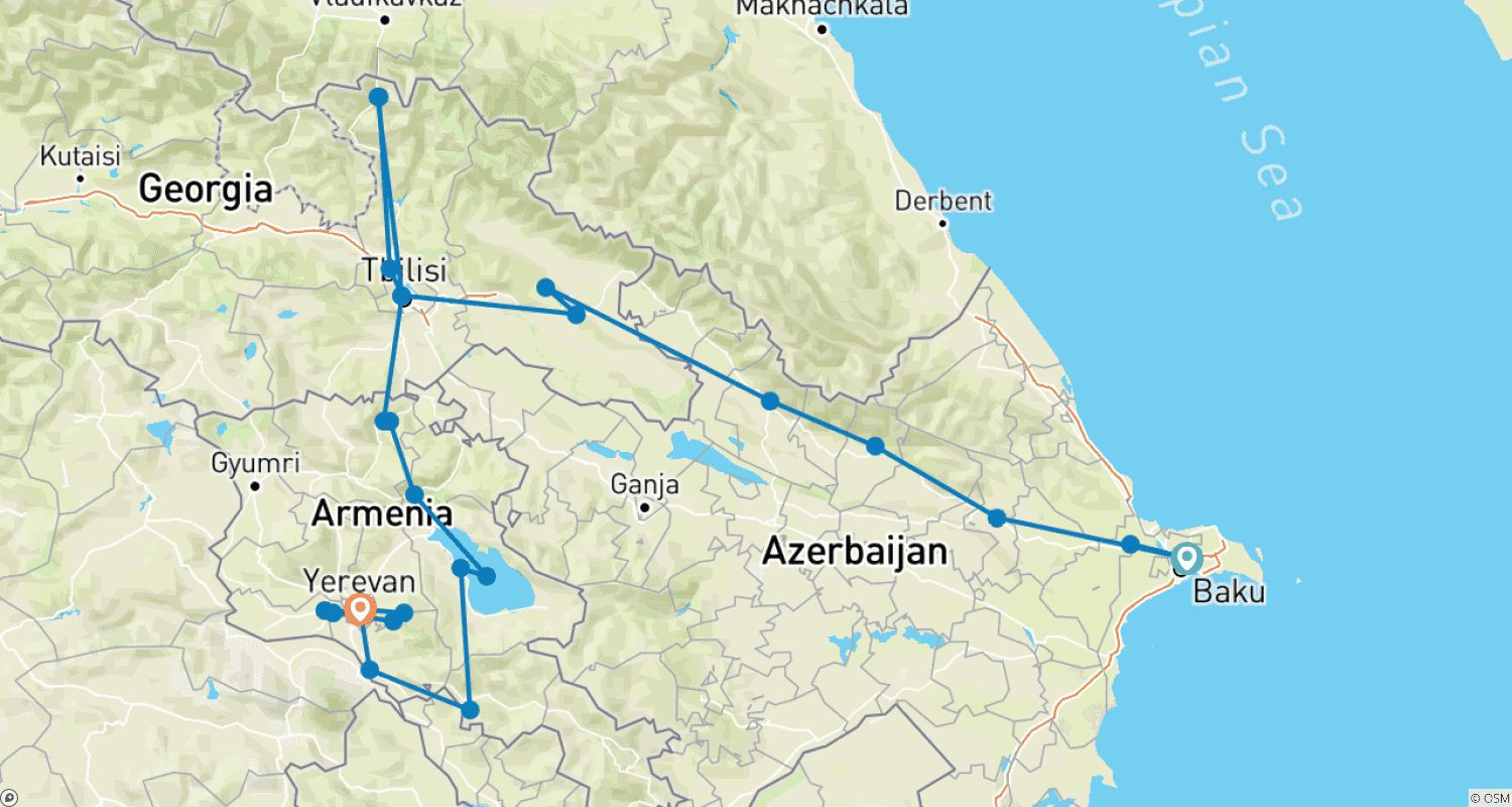 Mapa do percurso de Armenia, Georgia & Azerbaijan In-Depth