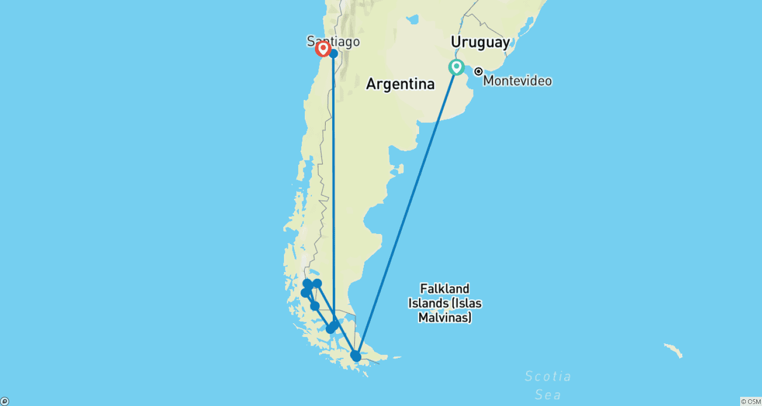 Mapa trasy: Argentina, Chile & Patagonia Highlights