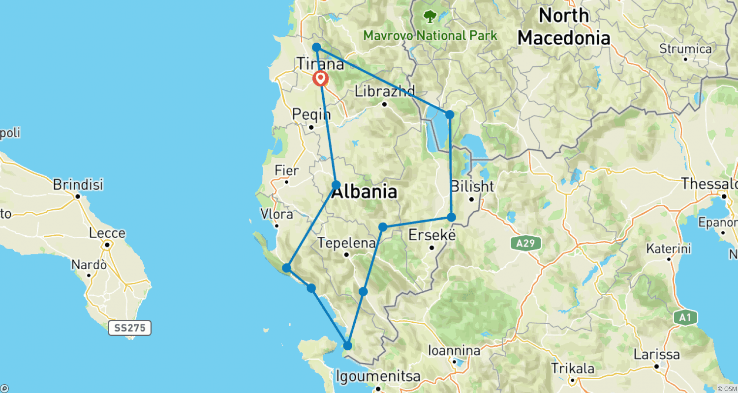 Mapa do percurso de Impressões da Albânia
