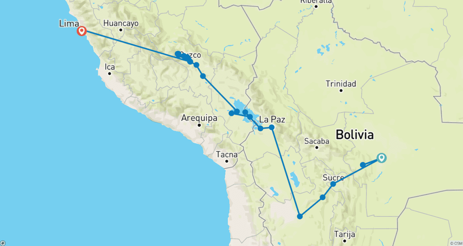 Mapa do percurso de Impressões de Peru e Bolívia