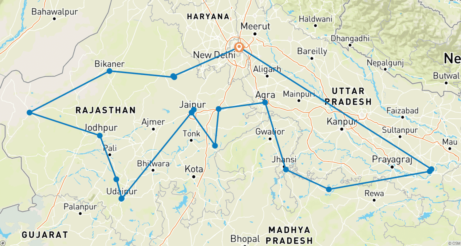 Mapa trasy: Radżastan i Północne Indie Dogłębnie