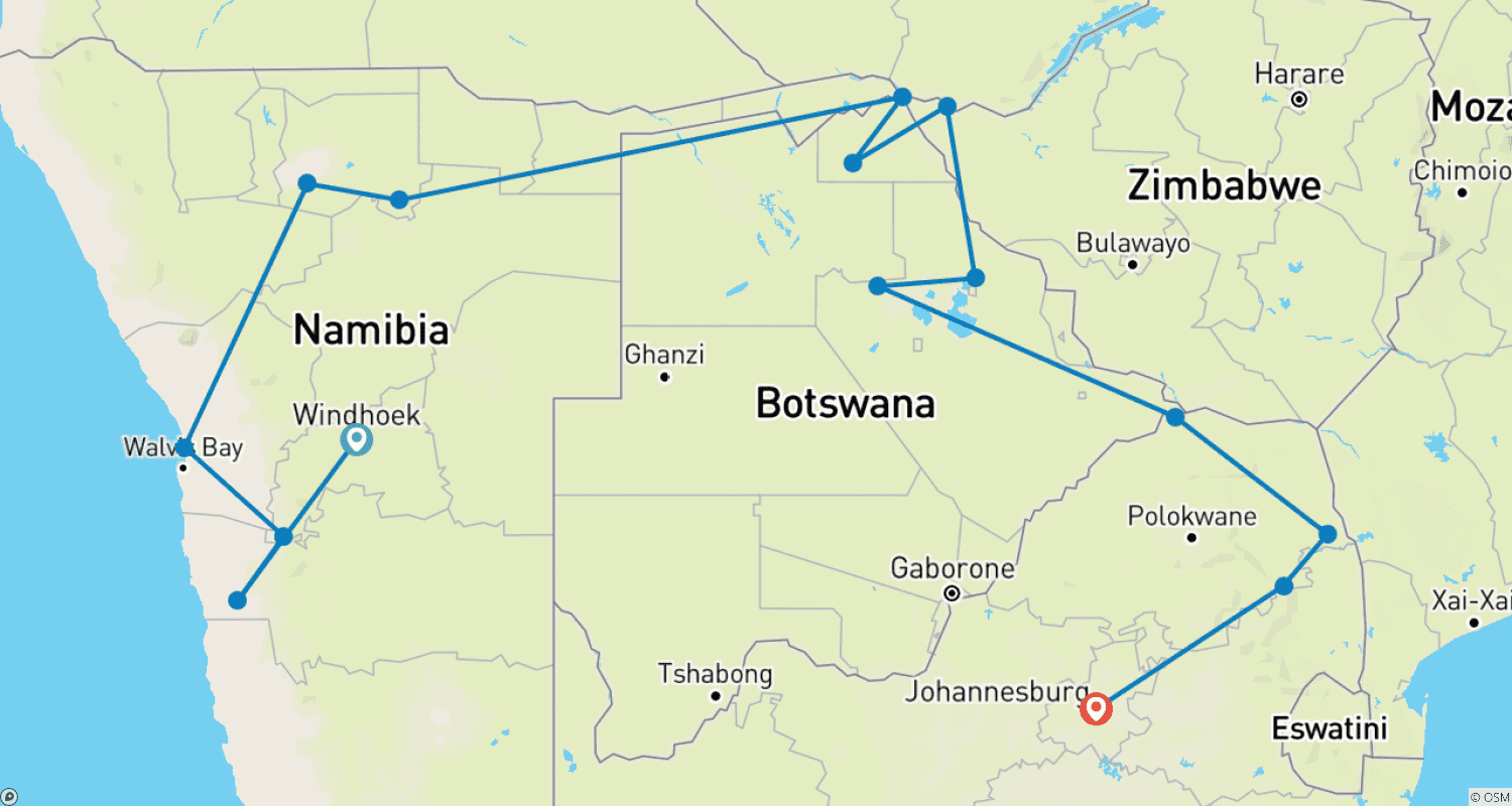 Mapa do percurso de Namíbia, Botsuana e África do Sul: A Viagem Abrangente com as Cataratas Vitória
