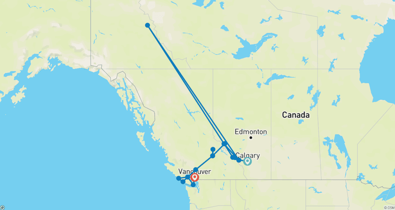 Highlights of Western Canadaのルートマップ