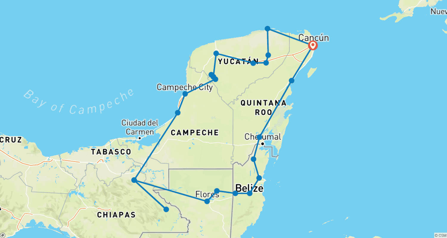 Mapa do percurso de Destaques do México, Guatemala e Belize