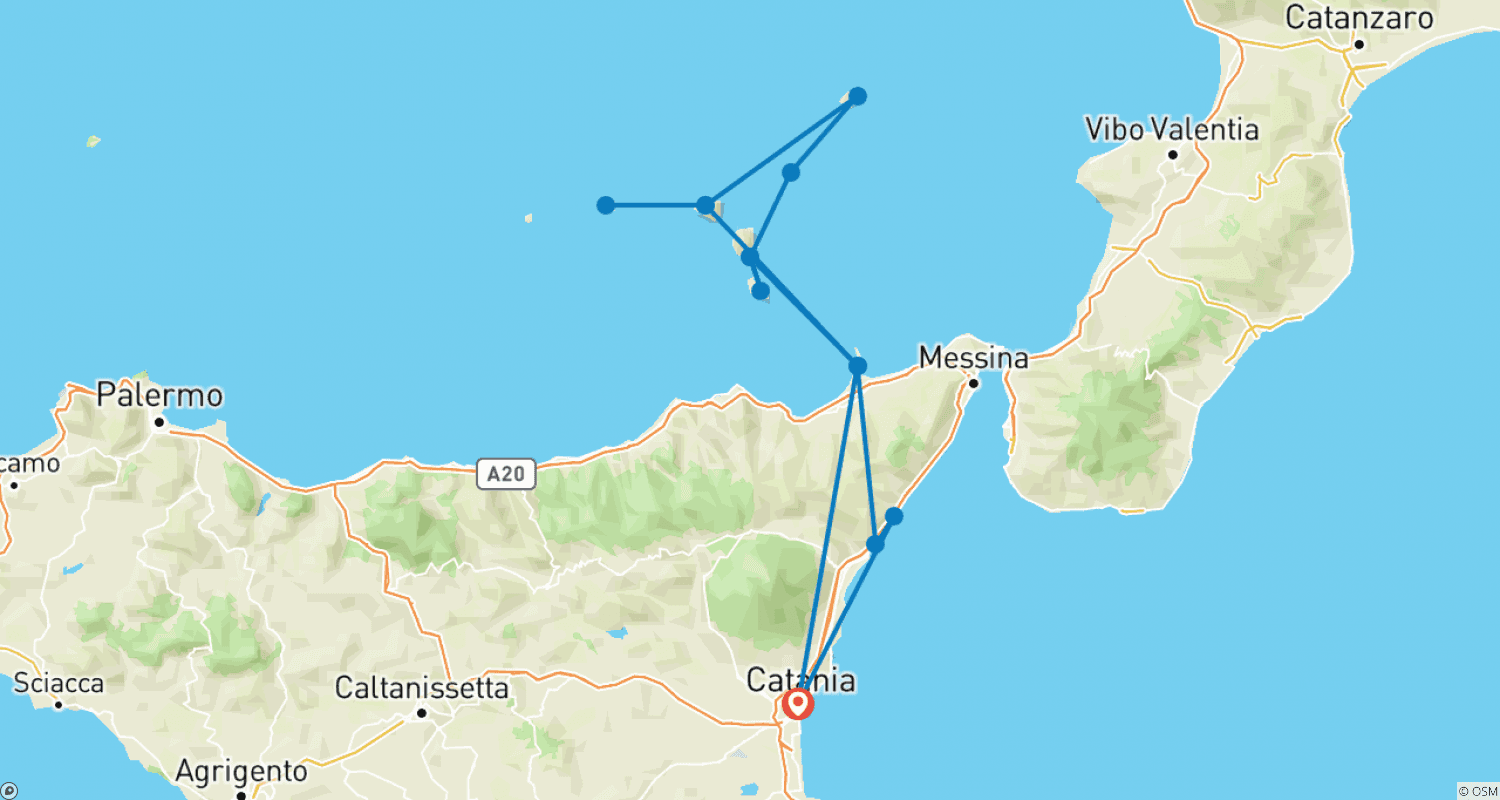 Mapa do percurso de Sicília e as Impressões das Ilhas Eólias