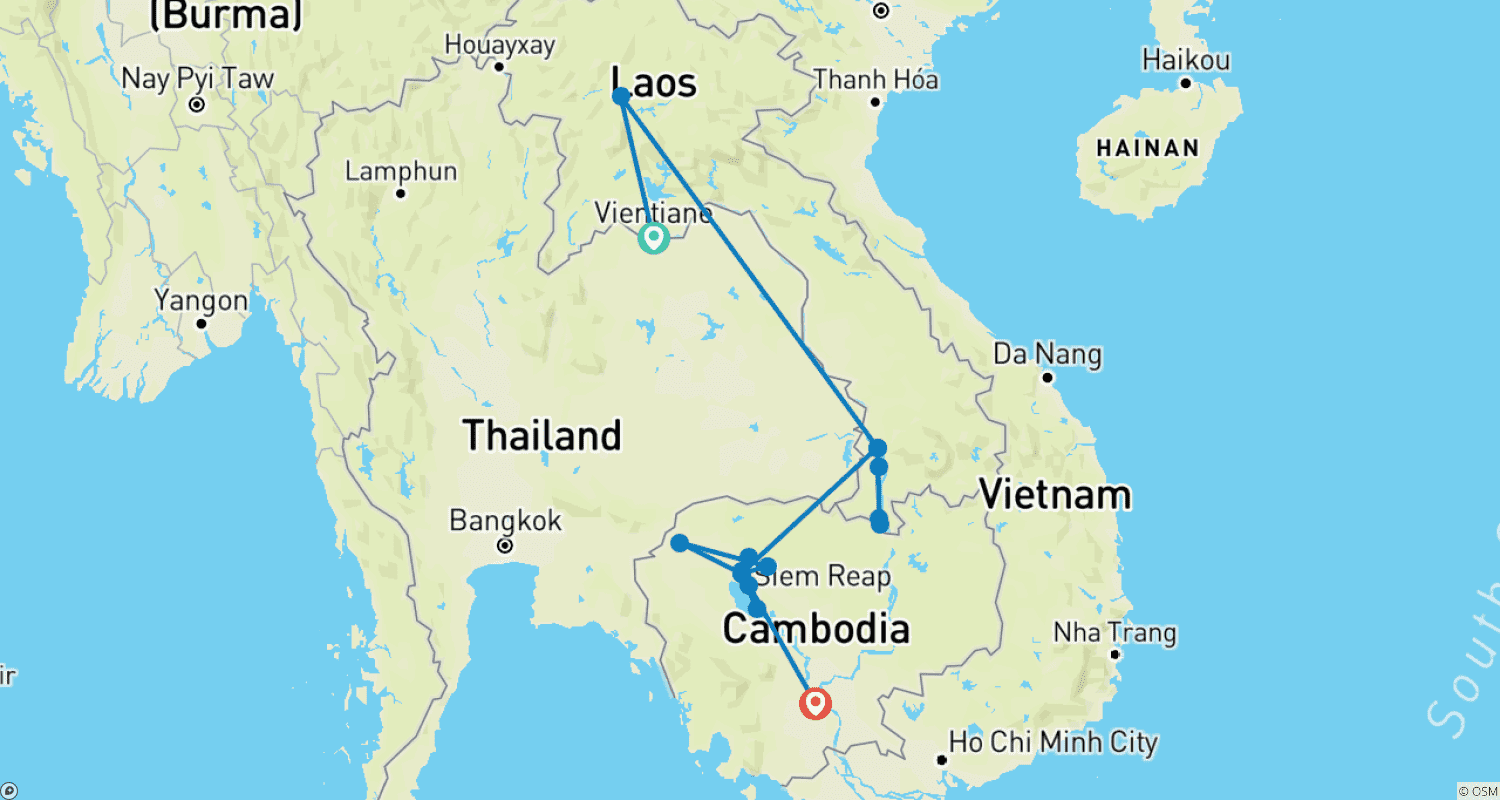 Mapa do percurso de Laos e Camboja com Charme