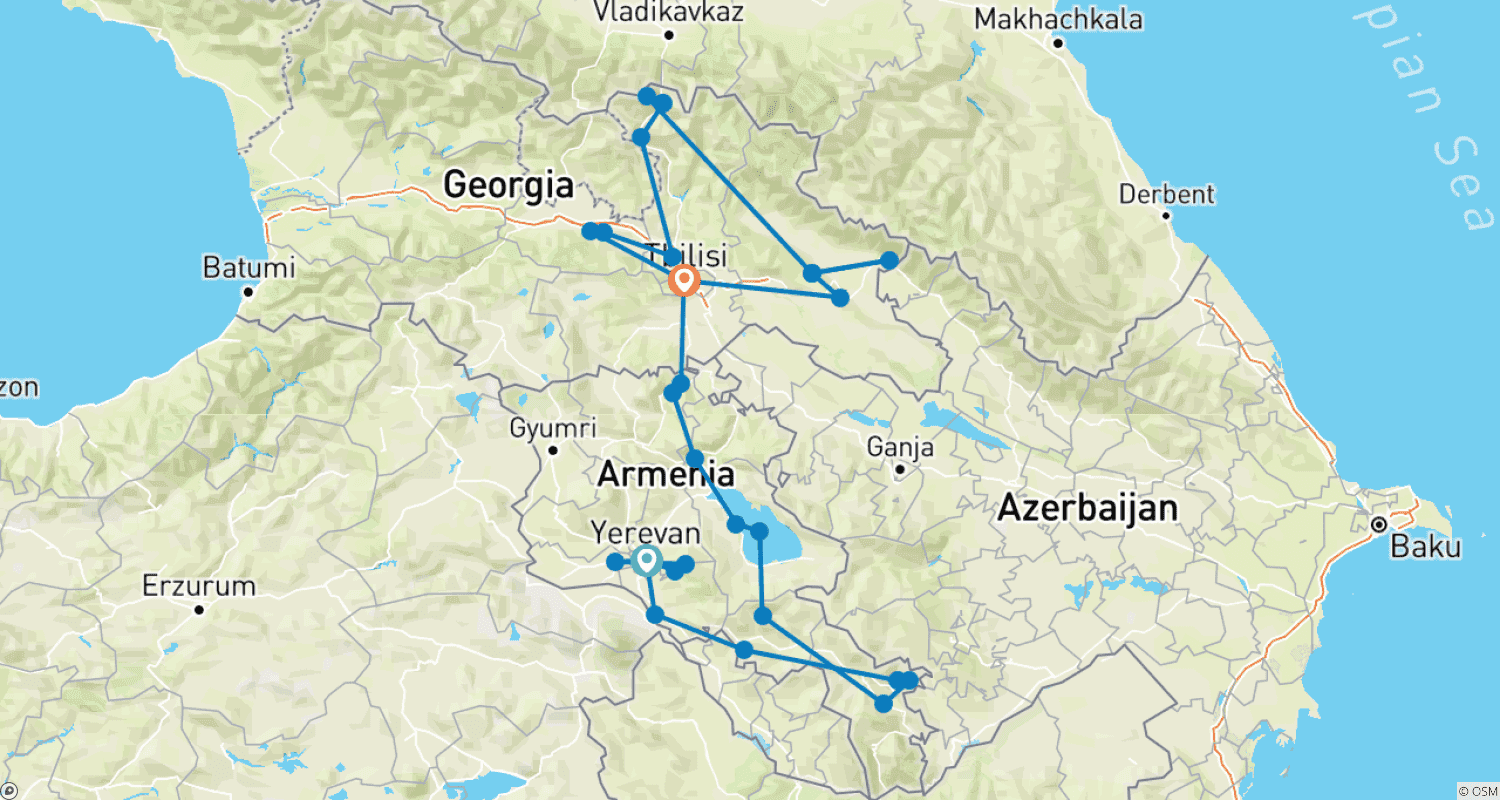 Mapa do percurso de Armênia e Geórgia: Caminhada e Cultura