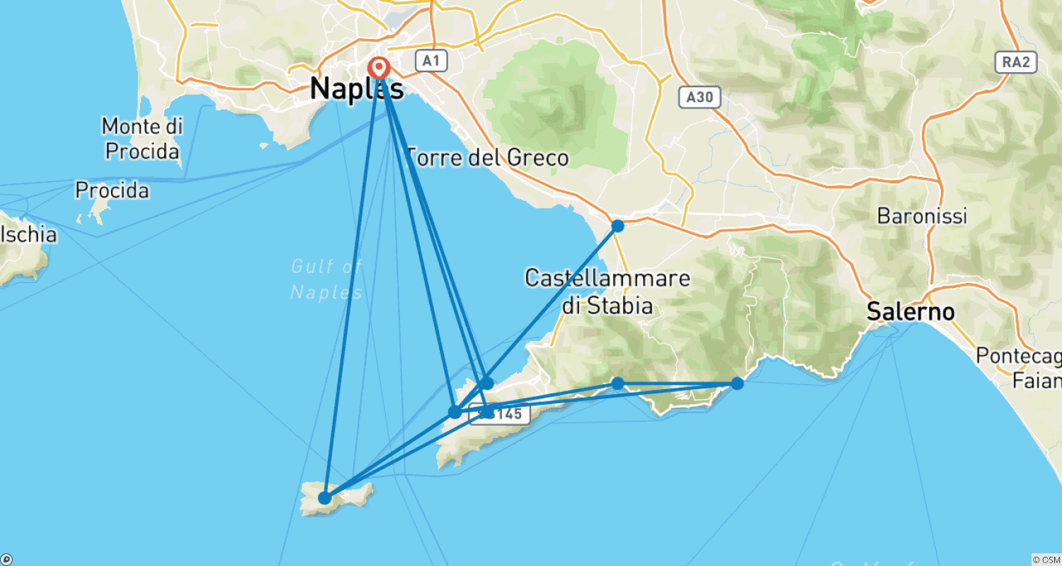 Mapa do percurso de Impressões do Golfo de Nápoles e da Costa Amalfitana