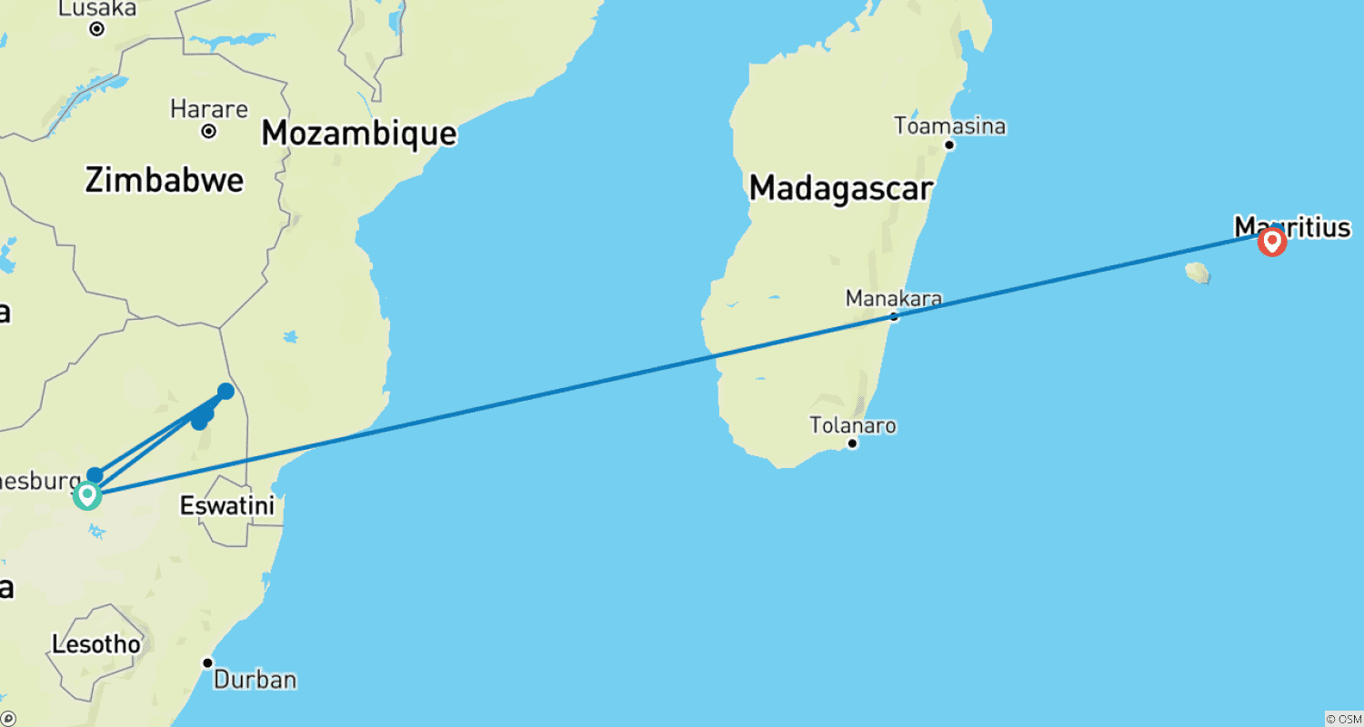 Mapa do percurso de Destaques da África do Sul e Maurícia