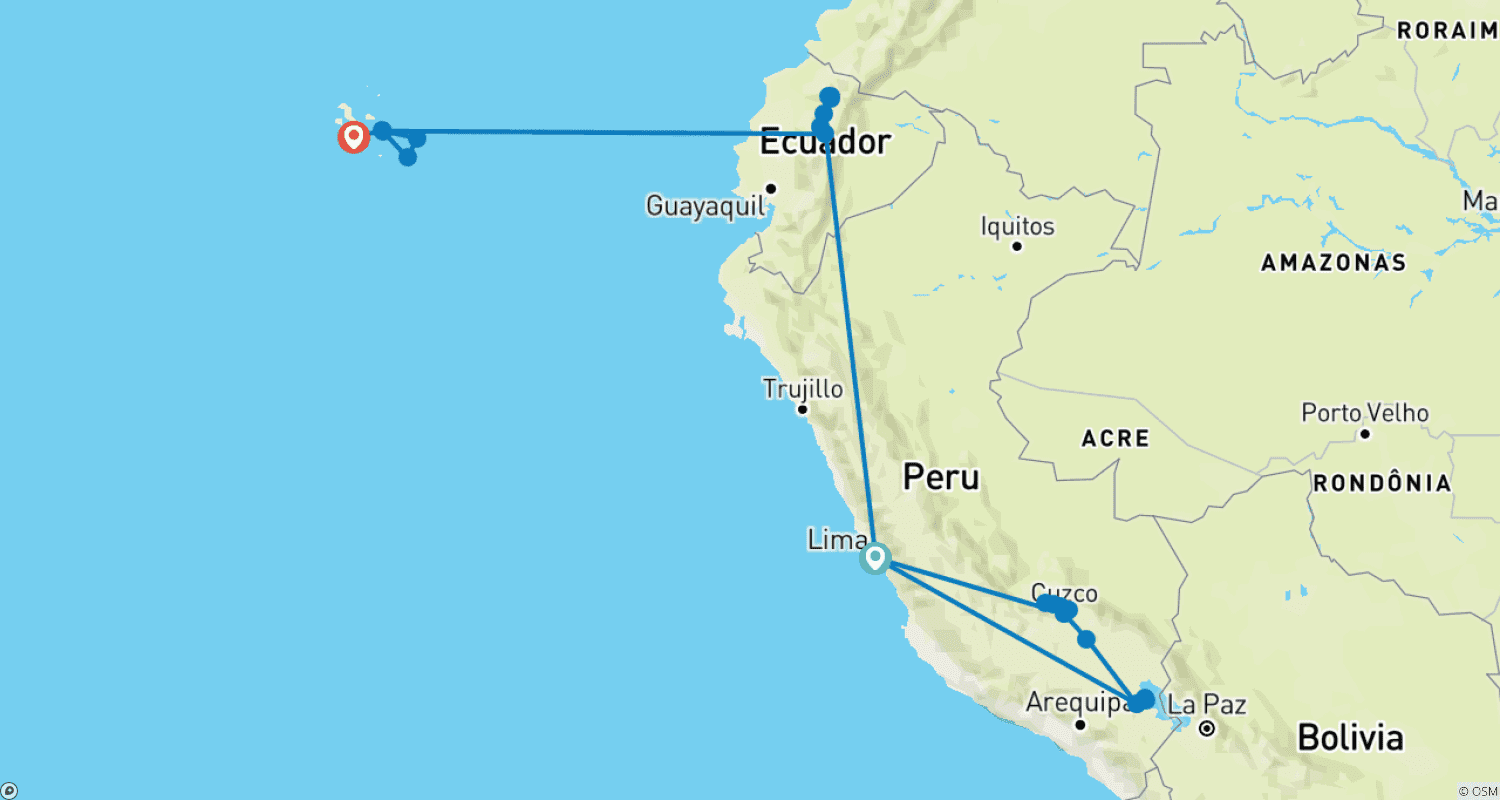 Mapa trasy: Peru i Ekwador: Najważniejsze atrakcje z Wyspami Galapagos