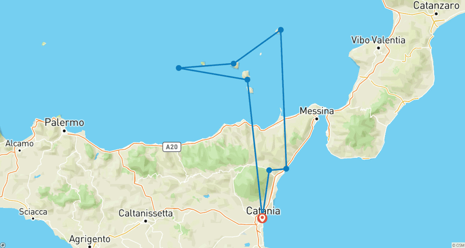 Mapa do percurso de Caminhada na Sicília e nas Ilhas Eólias