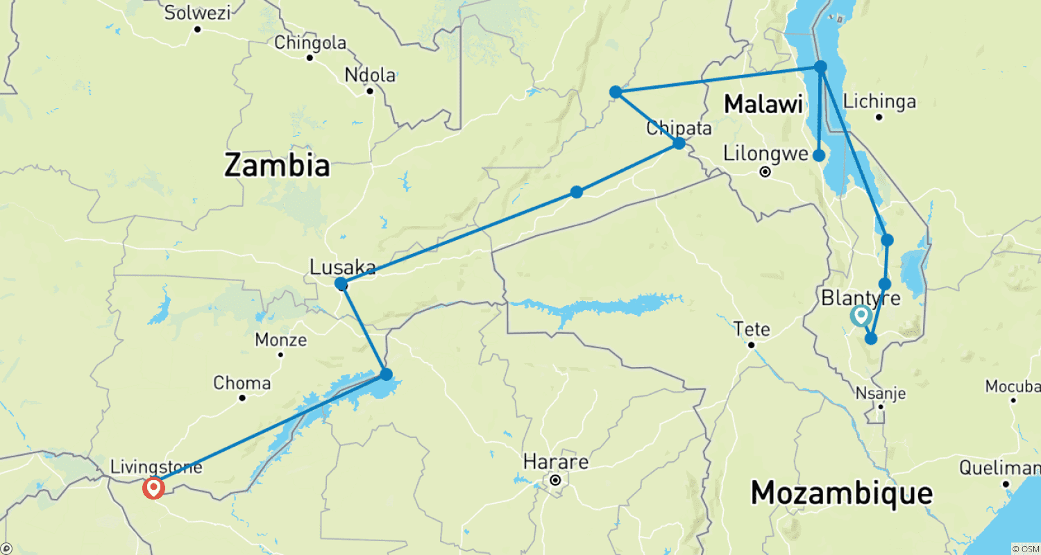 Mapa trasy: Malawi & Zambia : Highlights