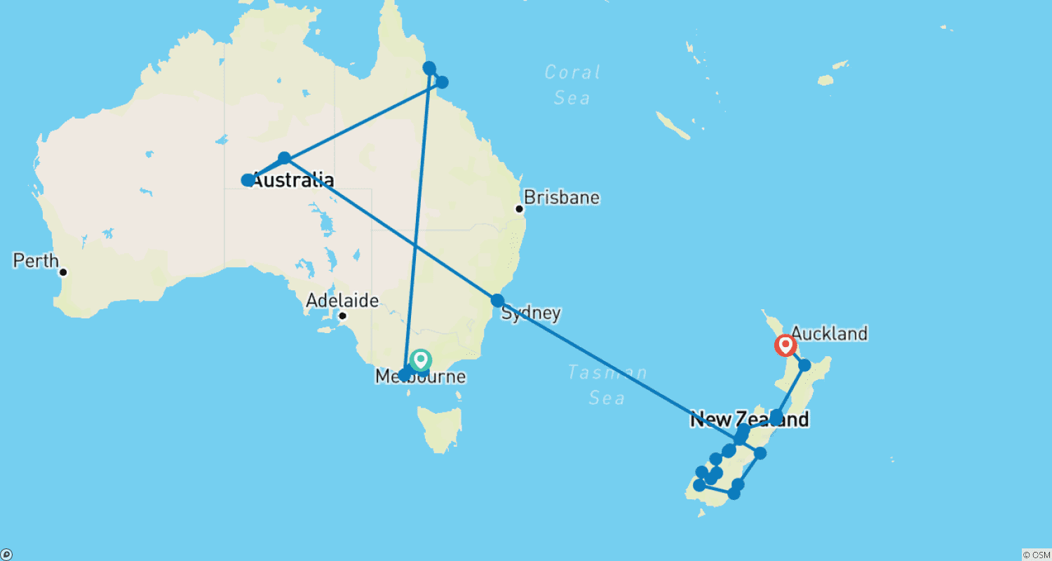 Mapa do percurso de Destaques da Austrália e Nova Zelândia